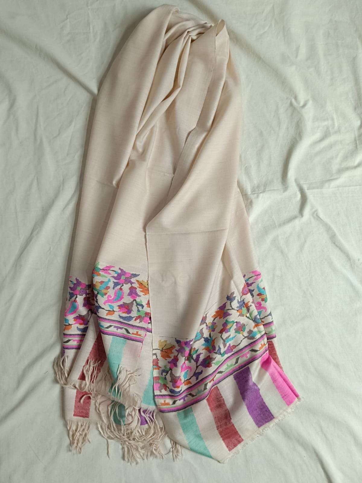Pure pashmina off white shawl with handmade kani weave palla beautiful shawl